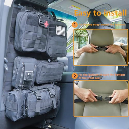 tactical car seat back organizer and storage truck seat covers with a Molle Vehicle Panel and 5 Different Size Molle Pouches for most models such as Jeep