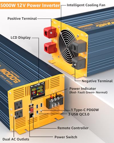 5000 Watt Power Inverter Pure Sine Wave 12V DC to 110V 120V 10000W Peak Heavy Duty Inverter with Remote Control and LED Display