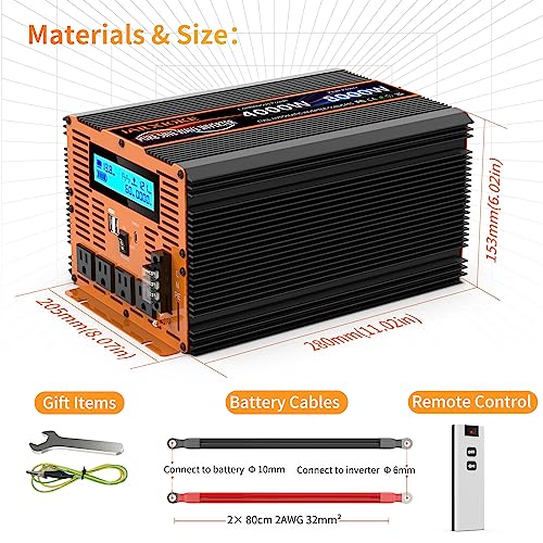 4000 Watt Pure Sine Wave Power Inverter 12V DC to 110V 120V Converter for Family RV Off Grid Solar System Car with Type
