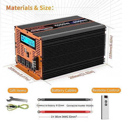 4000 Watt Pure Sine Wave Power Inverter 12V DC to 110V 120V Converter for Family RV Off Grid Solar System Car with Type