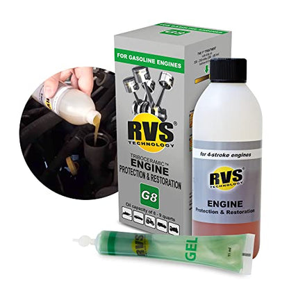 G8 Engine oil Treatment. for Gasoline Engines with an Motor Oil Capacity up to 9 quarts. Boost Power and Safely Restore and protect your Car