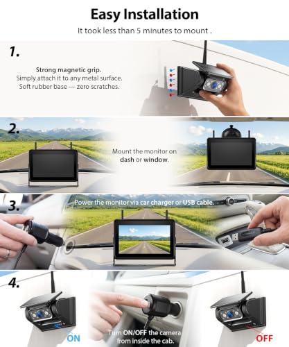 4 Magentic Solar Wireless Backup Camera HD1080P DVR 7" Touchscreen Monitor