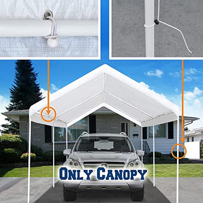 Rutile 12'x20' Carport Replacement Top Canopy Cover for Car Garage Shelter Tent Party Tent with Ball Bungees White