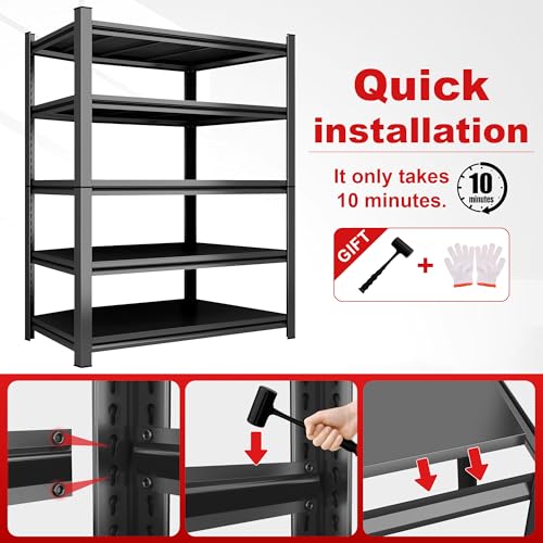 5Tier Storage Shelves Heavy Duty Adjustable Metal Garage Shelving Unit Rack Metal Storage Shelf Heavy Duty Shelf for Heavy Tools and Equipment (5 Count)