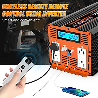 5000W Pure Sine Wave Power Inverter 12V DC to 110V 120V Converter for Family RV Off Grid Solar System Emergency Power Supply