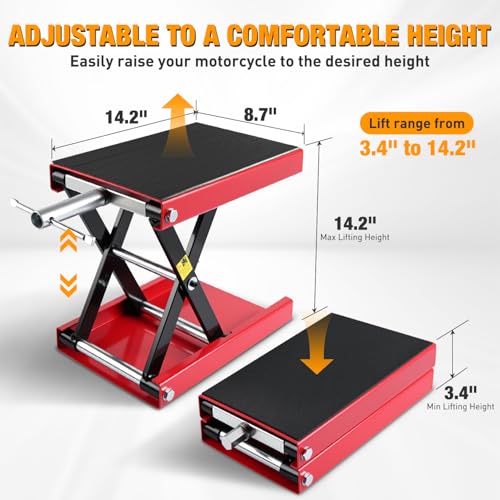 Motorcycle Lift Jack 1100 LBS Scissor Jack Stand Lift from 3.4" to 14.2" with Wide Deck Crank Handle Steel Scissor Hoist Garage Repair Lifter Table Jacks for Motorcycles ATV Dirt Bike
