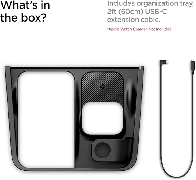 Spigen 3-in-1 Organizer Mount for Tesla Model Y 2021-24 & Model 3 2021-23 (Watch Charger Not Included) - Uses Tesla Wireless Charging Pad - Charge iPhone, AirPods, Apple Watch