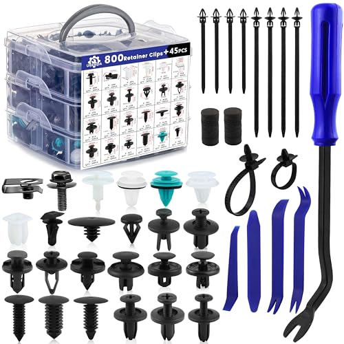 Car Push Retainer Clips 845pcs with 24Most Popular Push Pins Automotive Parts Sizes Auto Screw Trim Clip Assortment with Cable Ties and Blue Fastener Remover for Ford GM Toyota Honda Chrysler Nissan
