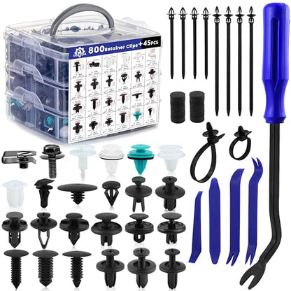Car Push Retainer Clips 845pcs with 24Most Popular Push Pins Automotive Parts Sizes Auto Screw Trim Clip Assortment with Cable Ties and Blue Fastener Remover for Ford GM Toyota Honda Chrysler Nissan