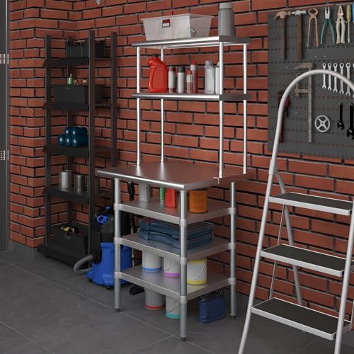 24" x 30" Stainless Steel Work Table with 3 Shelves and 12" Wide Double Tier Overshelf