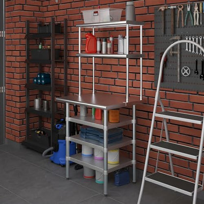 24" x 30" Stainless Steel Work Table with 3 Shelves and 12" Wide Double Tier Overshelf