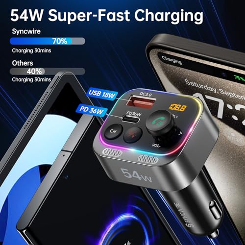 Bluetooth 5.4 FM Transmitter Car Adapter 54W