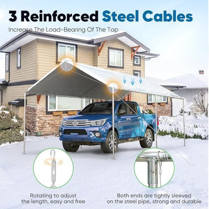 10x15 ft Heavy Duty Car Canopy Galvanized Frame Carport Outdoor Party Tent Boat Shelter with 3 Reinforced Steel Cables