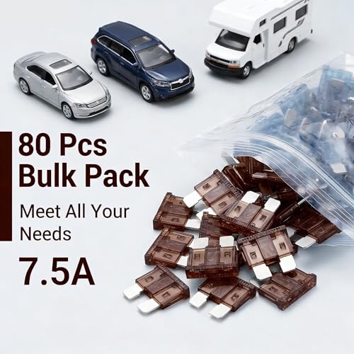 80Pcs) 7.5 Amp Standard Fuse, 7.5A Car Blade Fuses for Car/RV/Truck/SUV/Motorcycle/Boat