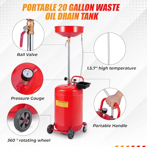 20 Gallon Waste Oil Drain Tank Portable Air Operated Oil Drainer with Adjustable Funnel Height 38