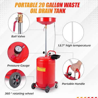 20 Gallon Waste Oil Drain Tank Portable Air Operated Oil Drainer with Adjustable Funnel Height 38