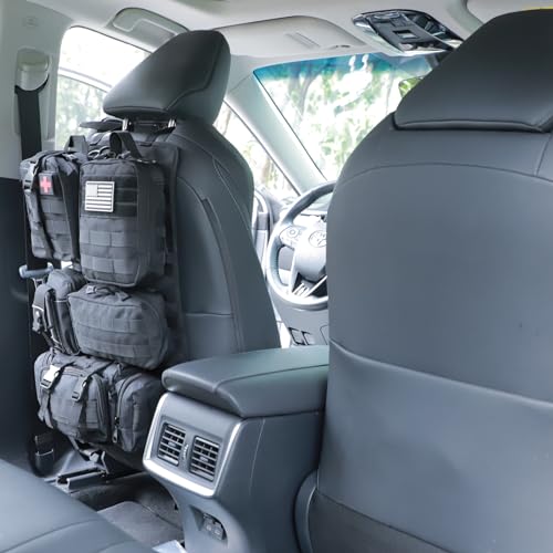 tactical car seat back organizer and storage truck seat covers with a Molle Vehicle Panel and 5 Different Size Molle Pouches for most models such as Jeep