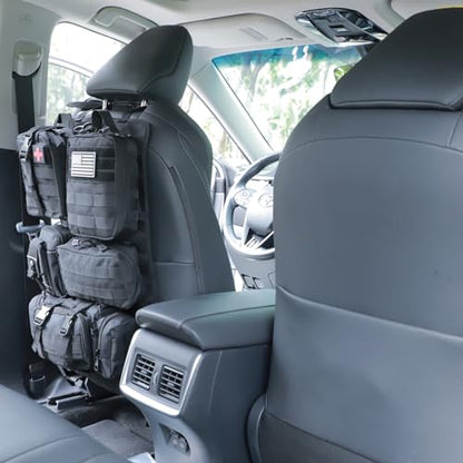 tactical car seat back organizer and storage truck seat covers with a Molle Vehicle Panel and 5 Different Size Molle Pouches for most models such as Jeep