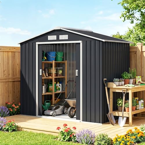 7' x 4' Outdoor Storage Shed Garden Tool Metal Shed Dark Gray