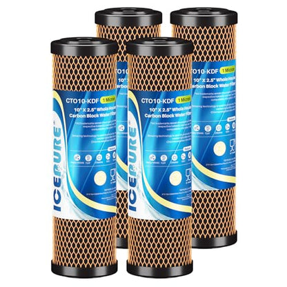 1 Micron 2.5" x 10" Whole House Water Filter Coconut Shell Activated CTO Carbon and KDF Cartridge for Home (4 Count)