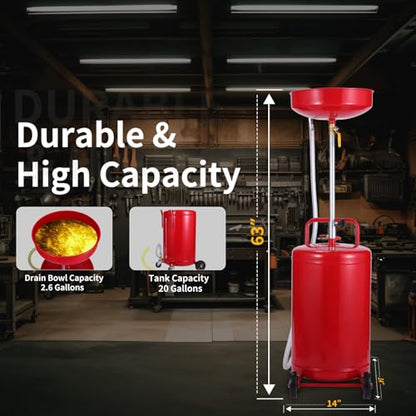 20 Gallon Portable Waste Oil Drain Tank Air Operated Drainage Adjustable Funnel Height with Wheel