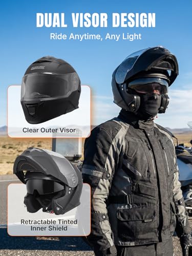Modular Motorcycle Helmets Full Face Flip up Street Bike Motorcycle Helmet for Unisex Adult Matte Black