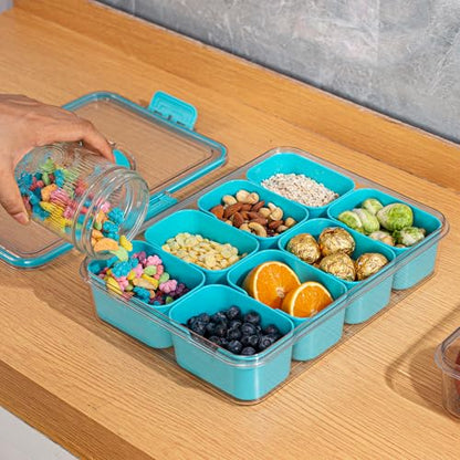 Divided Snack Serving Tray with Lid and Handle Travel Snackle Charcuterie Container Portable Storage Organizer for Candy