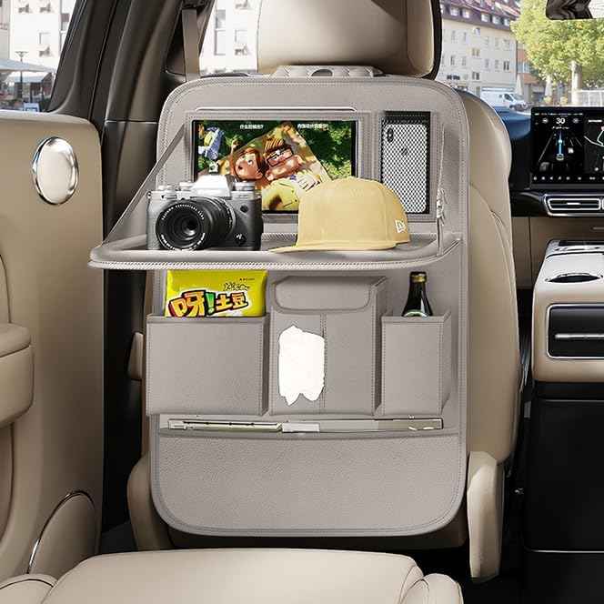 GMQ Back Seat Car Organizer 1 Pack,Backseat Organizer with Tray,Multifunctional Car Seat Back Storage Box with Foldable Tablet Holder (Grey, Plain weave)