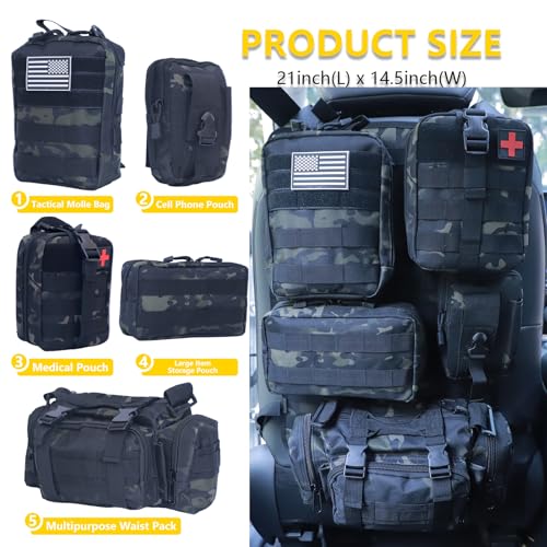 Universal Tactical Car Seat Back Organizer Bag Tactical Molle Vehicle Organizers Panel Vehicle Protector Organizers with 5 Detachable Pouches for Car