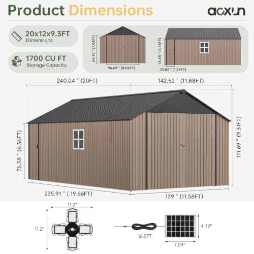 12'x20'x9.3' Outdoor Storage Shed Metal Garage Sheds with Solar Light