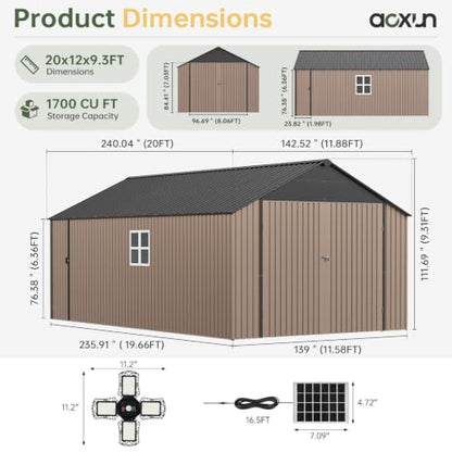 12'x20'x9.3' Outdoor Storage Shed Metal Garage Sheds with Solar Light