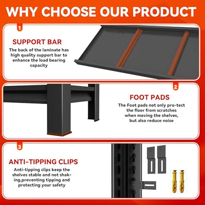Garage Shelving 3000LBS Heavy Duty Shelving Units and Storage Shelves Adjustable 5 Tier Metal Shelving for Kitchen