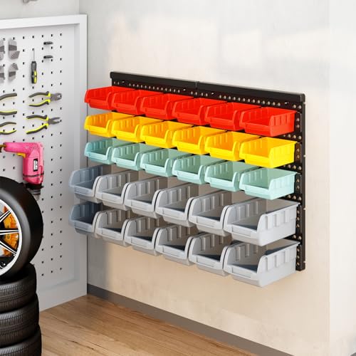 Wall Mounted Storage Bins Parts Rack 4 Colors Bin Organizer Garage Plastic Shop Tool (30 Count)