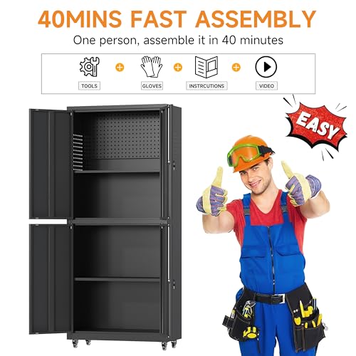 71" H Metal Tool Storage Cabinet with Lock and Wheels
