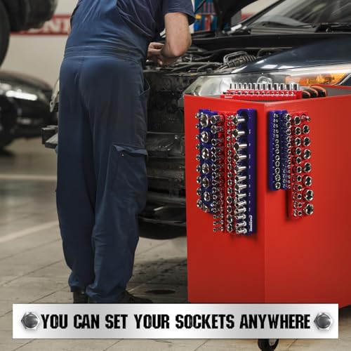 12-Piece 1/4" 3/8" 1/2"-Drive SAE & Metric Magnetic Socket Organizer Set (Holds 143 Sockets) -Detachable Tool Tray with 5mm Magnetic Base for Garage/Home(Sockets Not Included) (12 Count)