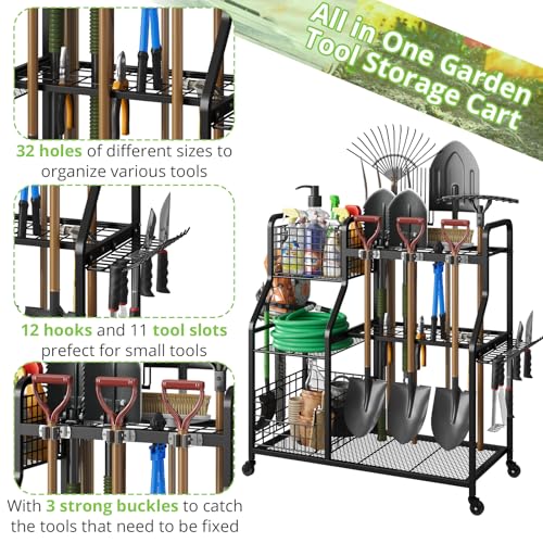 Garden Tool Holder Organizer with Heavy Duty Wheels for Garage