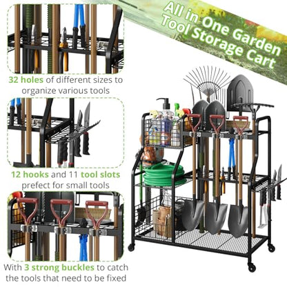 Garden Tool Holder Organizer with Heavy Duty Wheels for Garage