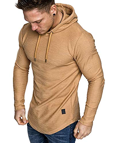 Mens Fashion Athletic Hoodies Sport Sweatshirt Solid Color Fleece Pullover Khaki 2XL