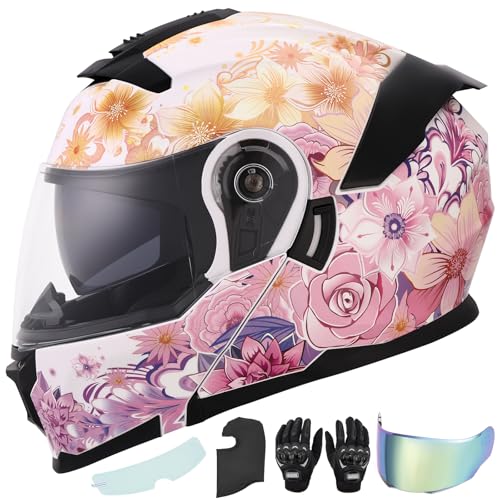 Pink Modular Motorcycle Helmets Full Face Flip up Street Bike Motorcycle Helmet for Unisex Adult Flower Sea