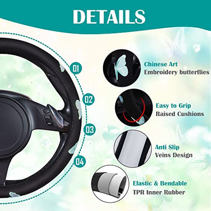 Mint Embroidery Butterfly Steering Wheel Cover