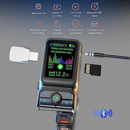 1.8" Color Screen Bluetooth 5.3 FM Transmitter for Car Adapter PD30W USB Port Fast Charge HiFi Treble Bass Player EQ Sound Music Player TF