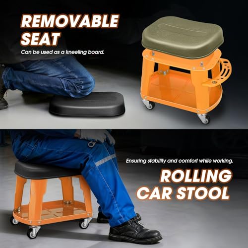 Removable Rolling Garage Stool with Seat Cushion & Tool Tray Plate