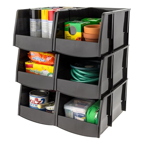 6-Pack, Jumbo Open Front Stackable Storage Bins, Black (6 Count)