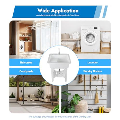 Freestanding Utility Sink Plastic Laundry Sink Spacious Laundry Tub Sink with Storage Shelf Indoor Outdoor Slop Sink Wash Station for Bathroom Laundry Washing Room