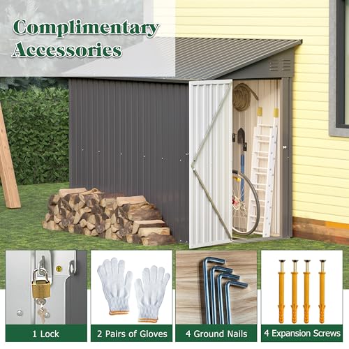 Lean to Storage Shed 4x8 FT Metal Sheds & Outdoor Storage Cabinet Lockable Tool Organization Bike Mower Shed Portable Outside for Garden Patio