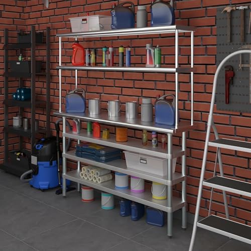 14" x 60" Stainless Steel Work Table with 3 Shelves and 12" Wide Double Tier Overshelf