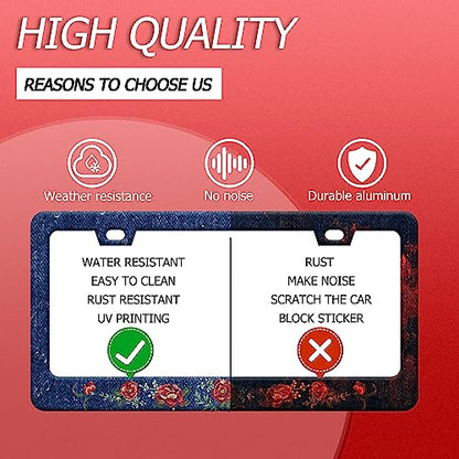 Blue Flower Jean License Plate Frame Stainless Steel Car Accessory 6.3x12.3