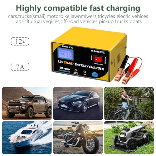 12 Volt Battery Charger 7A Smart Car Battery Charger and Maintainer with Cable Clamps