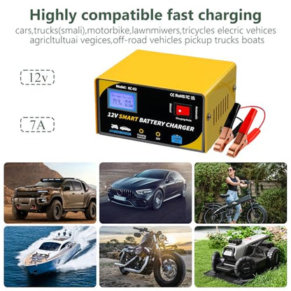 12 Volt Battery Charger 7A Smart Car Battery Charger and Maintainer with Cable Clamps