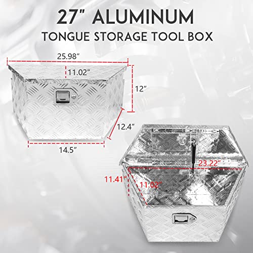 27" x 13" x 13" Trailer Tongue Tool Box with Latch and Keys Heavy Duty Aluminum Trailer Toolbox Organizer Truck Underbody Box Compatible with Pick Up Truck Bed RV Trailer ATV Silver